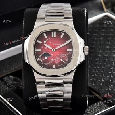 AAA Fake Watches Patek Philippe Nautilus Power Reserve Watches Red Dial Stainless Steel